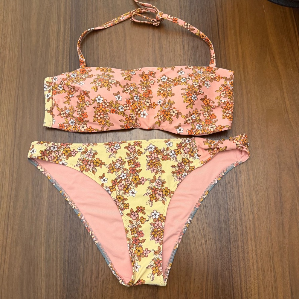 Aerie Women Peach Yellow Blue Floral Bandeau Bikini Set Large Cheeky Bottoms